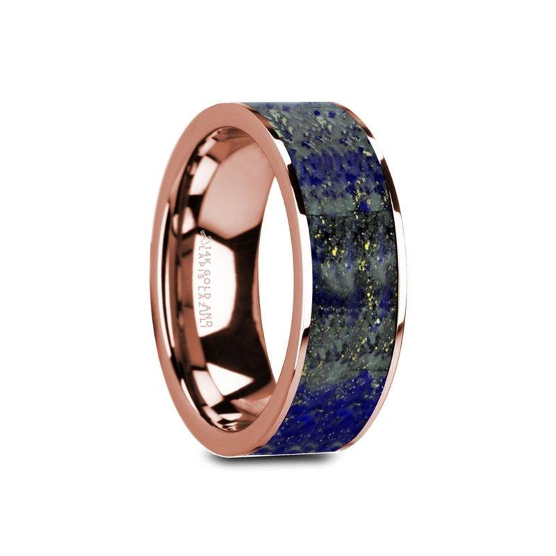 GALEN - Flat 14K Rose Gold with Blue Lapis Lazuli Inlay and Polished Edges - 8mm - The Rutile Ltd
