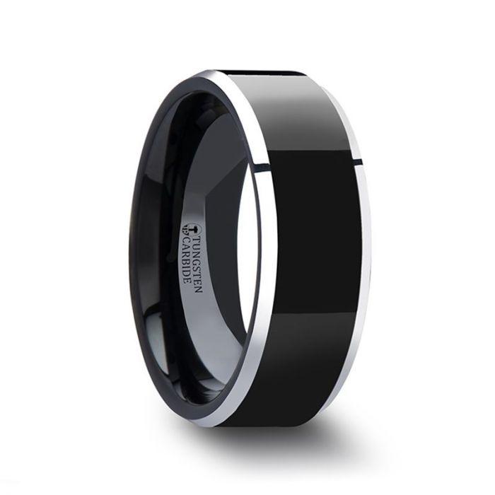 MACLAREN - BLACK POLISH FINISHED CENTER TUNGSTEN WEDDING BAND WITH POLISHED GRAY TUNGSTEN BEVELED EDGES - 4MM TO 8MM - The Rutile Ltd