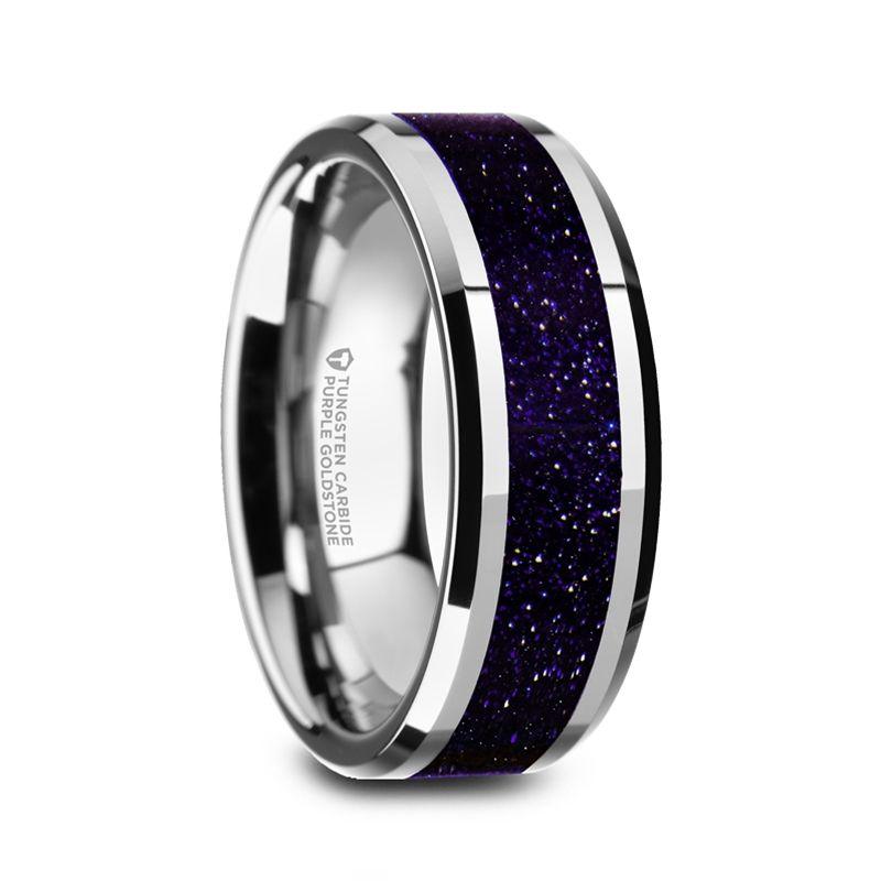 MAKI - Men’s Beveled Polished Finish Tungsten Wedding Ring with Purple Goldstone Inlay - 8mm - The Rutile Ltd