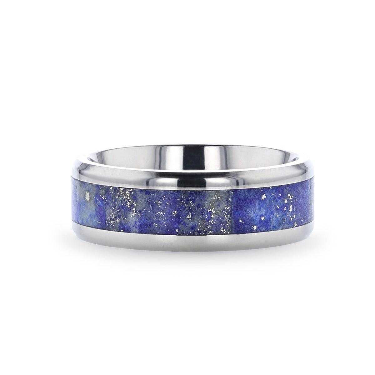 MALONE - Men's Titanium Wedding Ring with Blue Lapis Inlay & Beveled Edges - 8 mm - The Rutile Ltd