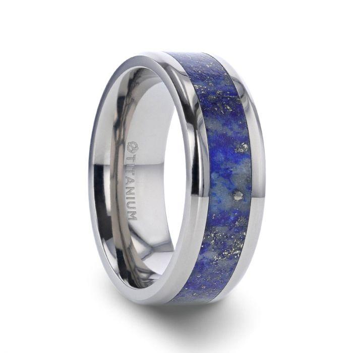 MALONE - Men's Titanium Wedding Ring with Blue Lapis Inlay & Beveled Edges - 8 mm - The Rutile Ltd