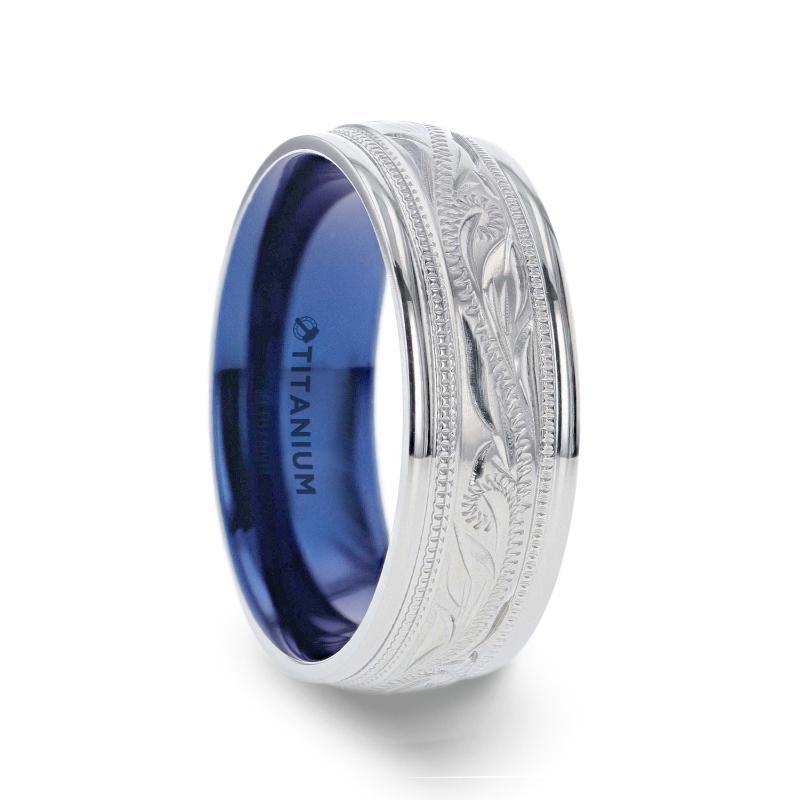MARINER - Titanium Milgrain Engraved Men's Wedding Ring with Blue Plating Inside- 8mm - The Rutile Ltd