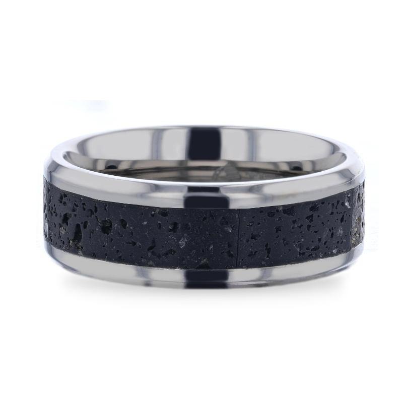 MAUNA - Black And Gray Lava Inlaid Titanium Men's Wedding Band With Polished Beveled Edges - 8mm - The Rutile Ltd