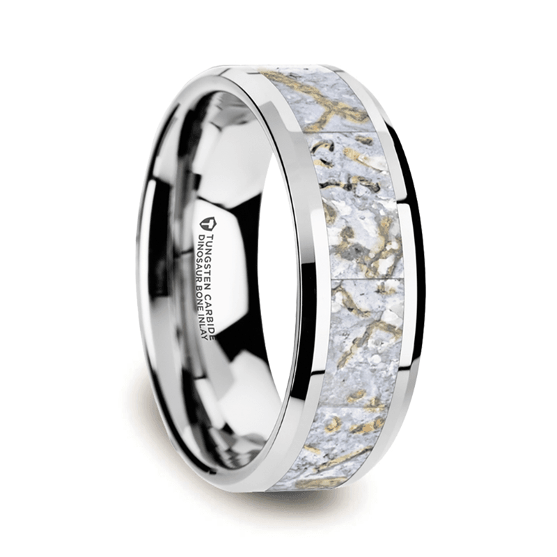 MESOZOIC - Men’s Tungsten Flat Beveled Wedding Ring with White Dinosaur Bone Inlay - 4mm or 8mm - The Rutile Ltd