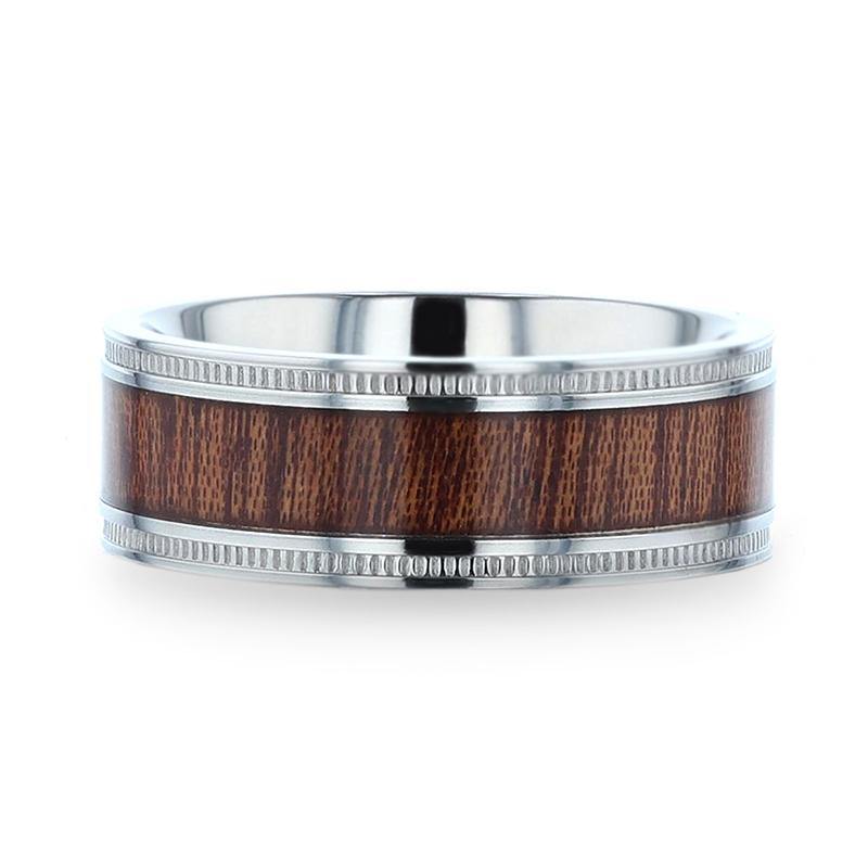MOCHA - Koa Wood Inlaid Titanium Men's Wedding Ring With Polished Milgrain Edges - 8mm - The Rutile Ltd