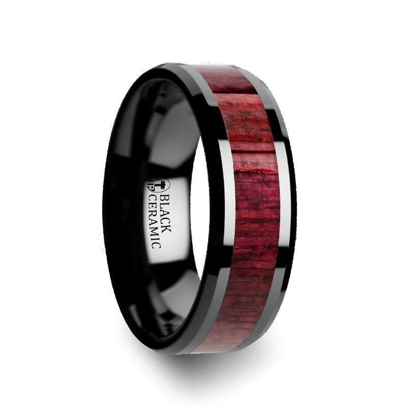 MORADO - Purple Heart Wood Inlaid Black Ceramic Ring with Beveled Edges - 8mm - The Rutile Ltd