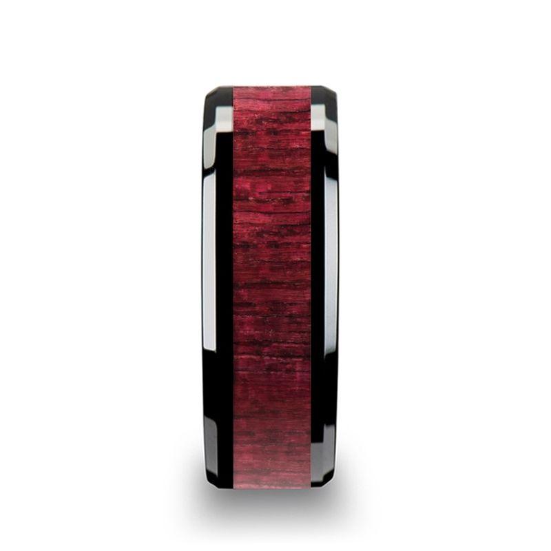 MORADO - Purple Heart Wood Inlaid Black Ceramic Ring with Beveled Edges - 8mm - The Rutile Ltd