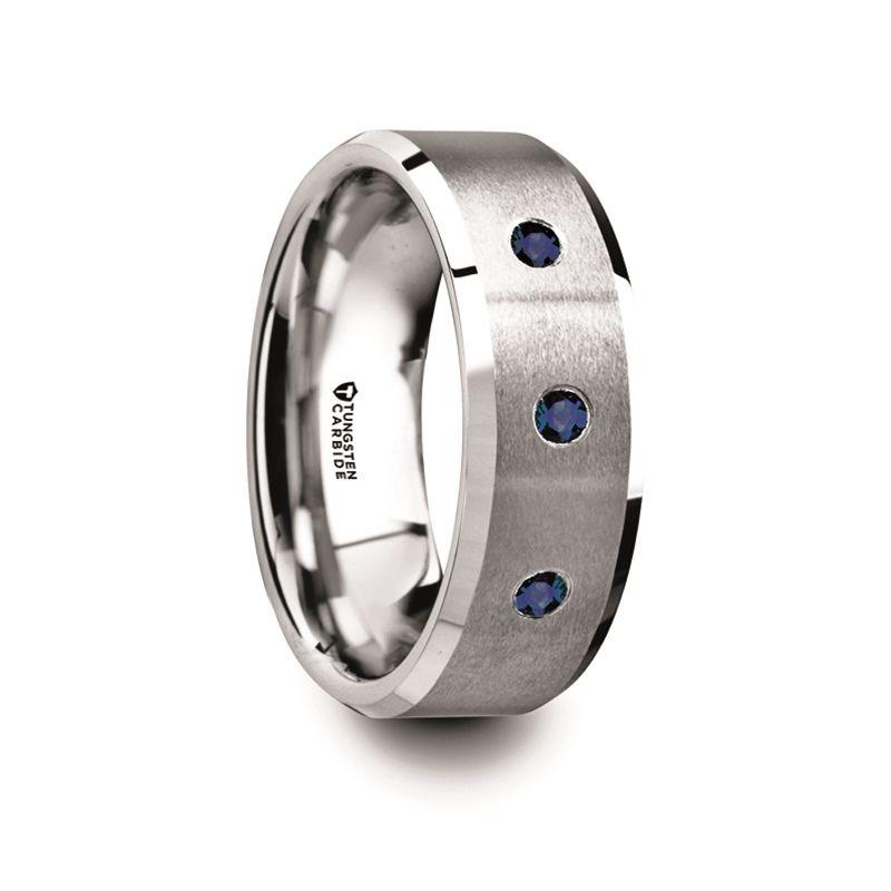 NAUTILUS - Tungsten Satin Finished Center Polished Beveled Edges Men’s Wedding Band with 3 Blue Sapphires - 8mm - The Rutile Ltd