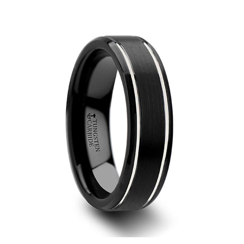 NOCTURNE - Black Beveled Tungsten Carbide Band with Polished Grooves and Brushed Finish - 6mm or 8mm - The Rutile Ltd