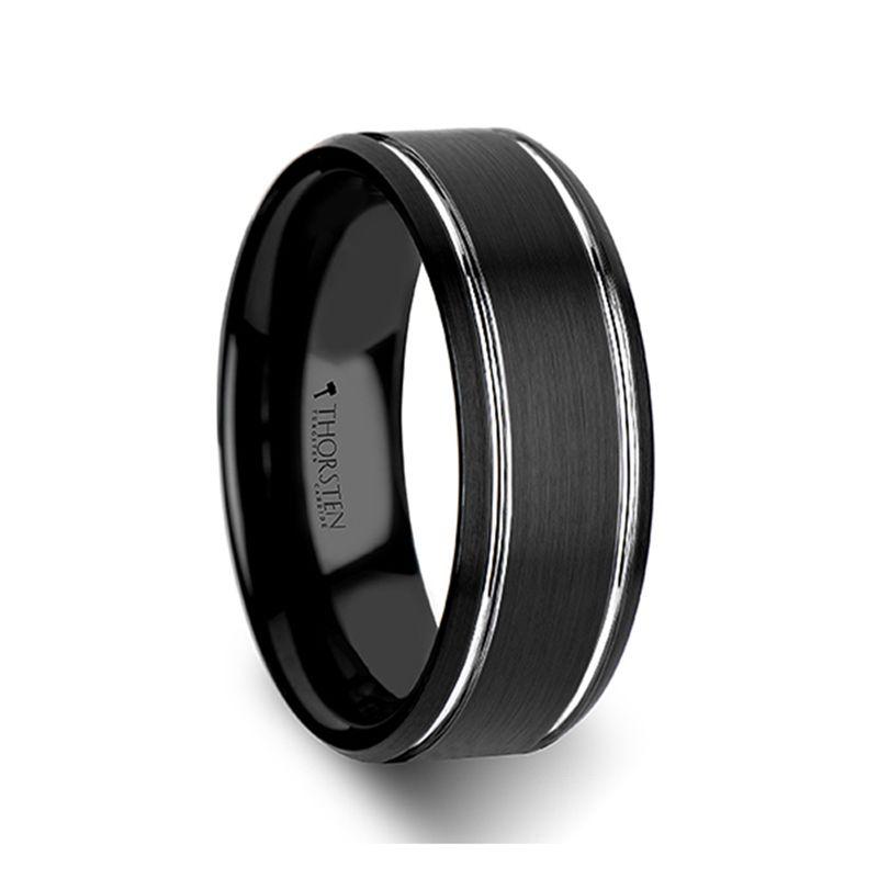 NOCTURNE - Black Beveled Tungsten Carbide Band with Polished Grooves and Brushed Finish - 6mm or 8mm - The Rutile Ltd