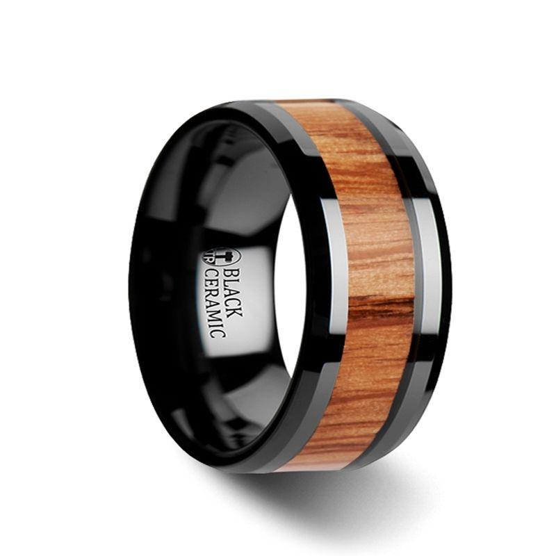 OBLIVION - Red Oak Wood Inlaid Black Ceramic Ring with Bevels - 6mm - 10mm - The Rutile Ltd