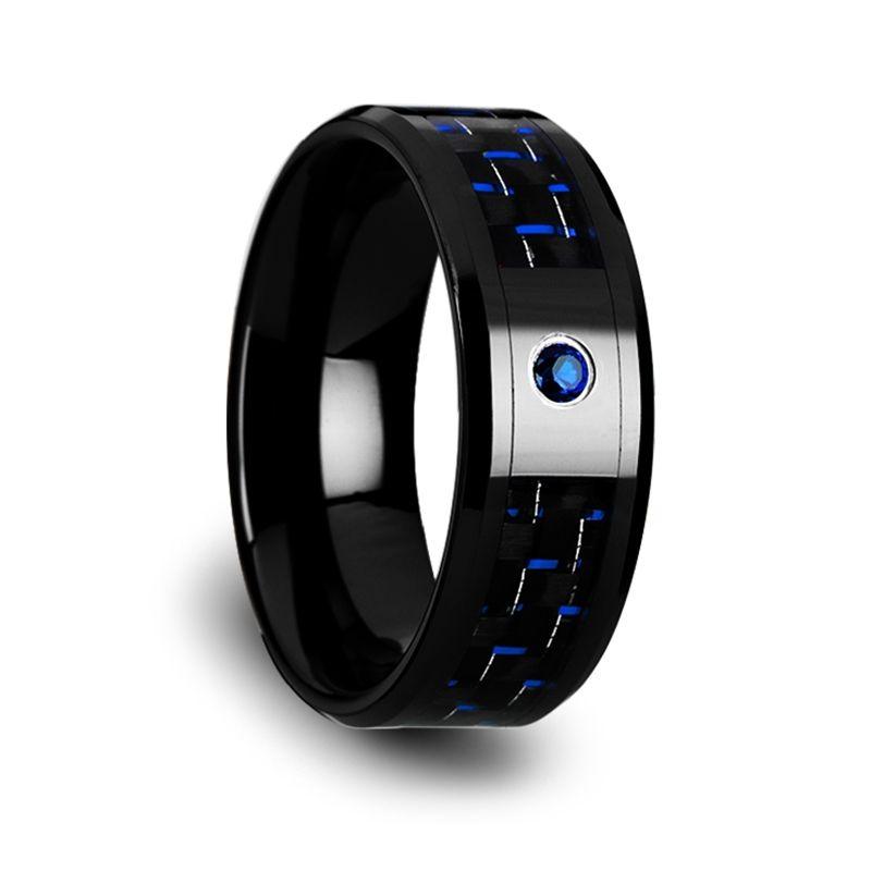 ODELL - Black Ceramic Ring with Black and Blue Carbon Fiber and Blue Sapphire Setting - 8mm - The Rutile Ltd