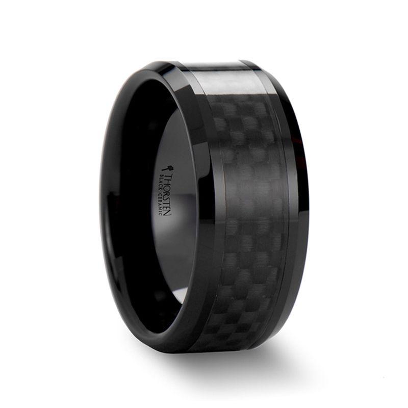 ONYX - Black Carbon Fiber Inlaid Black Ceramic Wedding Band - 10mm - 12mm - The Rutile Ltd