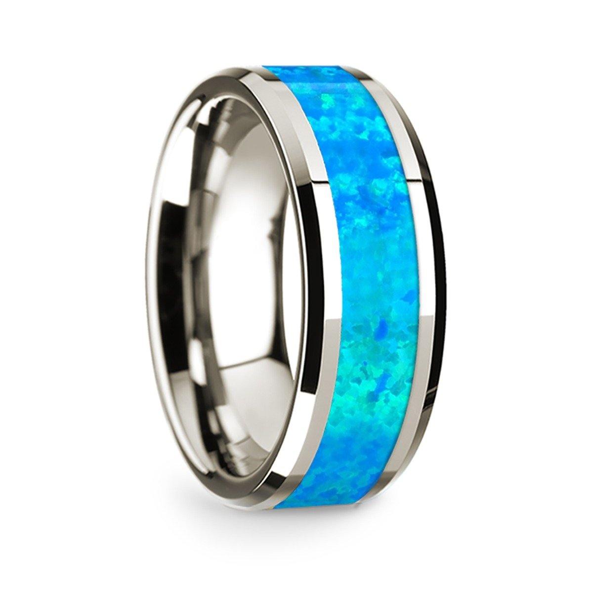 INSPIRE - 14k White Gold Polished Beveled Edges Wedding Ring with Blue Opal Inlay - 8 mm - The Rutile Ltd