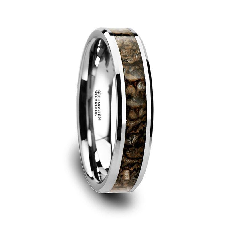 ORDOVICIAN - Dinosaur Bone Inlaid Tungsten Carbide Beveled Edged Ring - 4mm or 8mm - The Rutile Ltd