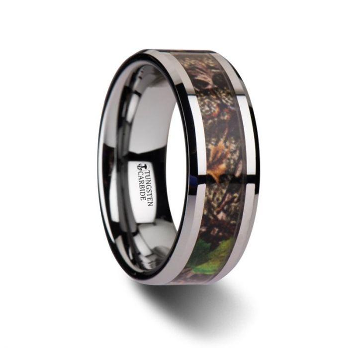OVERGROWTH - Realistic Tree Camo Tungsten Carbide Wedding Band with Green Leaves - 8mm - The Rutile Ltd