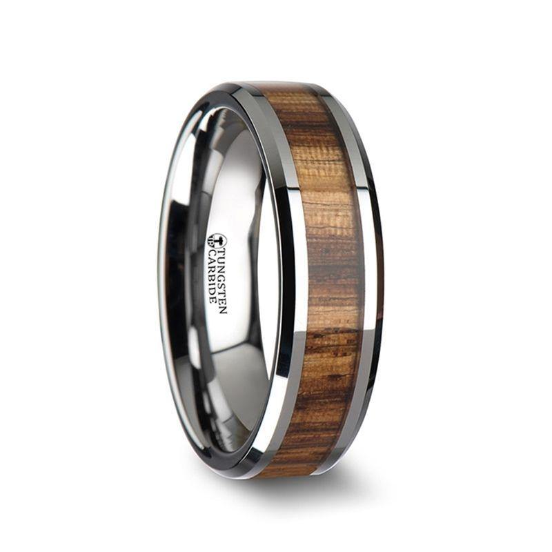 PALMALETTO - Tungsten Carbide Ring with Beveled Edges and Real Zebra Wood Inlay - 4mm - 10mm - The Rutile Ltd