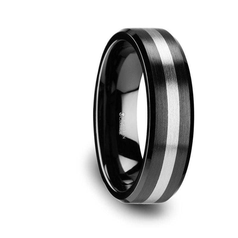 PHOENIX - Brushed Black Ceramic Ring with Beveled Edges and Tungsten Inlay - 6mm or 8mm - The Rutile Ltd