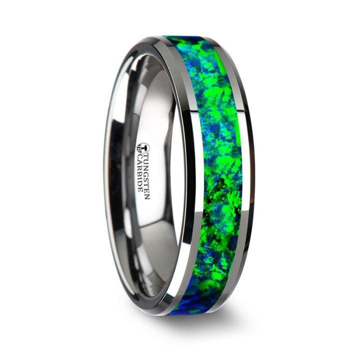 PHOTON - Tungsten Beveled Wedding Band with Emerald Green & Sapphire Blue Color Opal Inlay - 6mm & 8mm - The Rutile Ltd