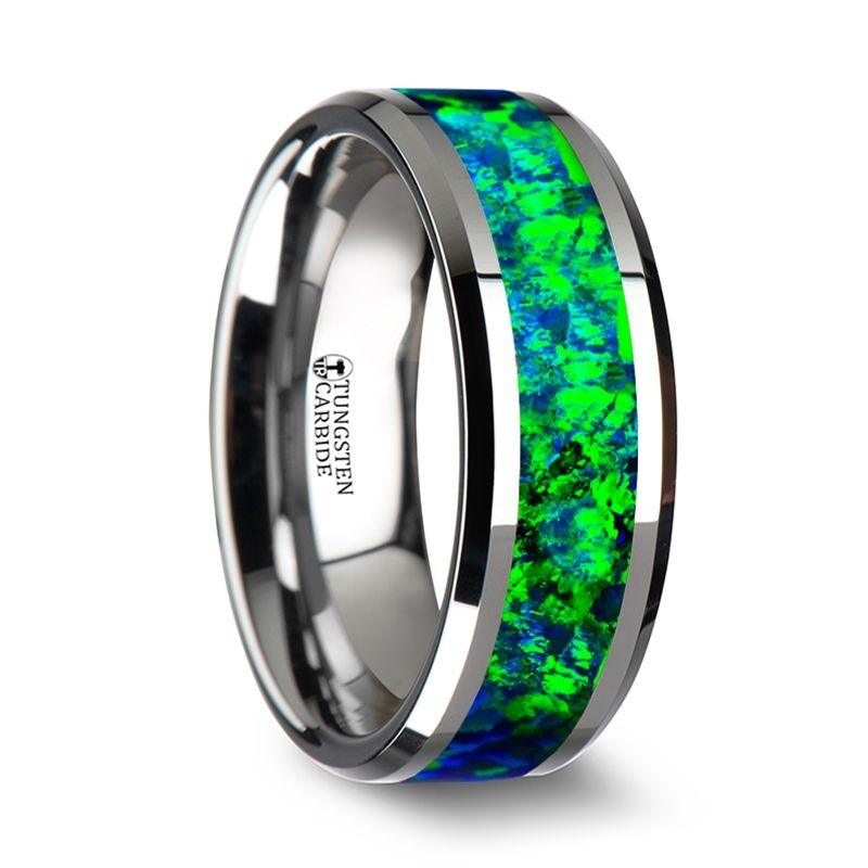 PHOTON - Tungsten Beveled Wedding Band with Emerald Green & Sapphire Blue Color Opal Inlay - 6mm & 8mm - The Rutile Ltd