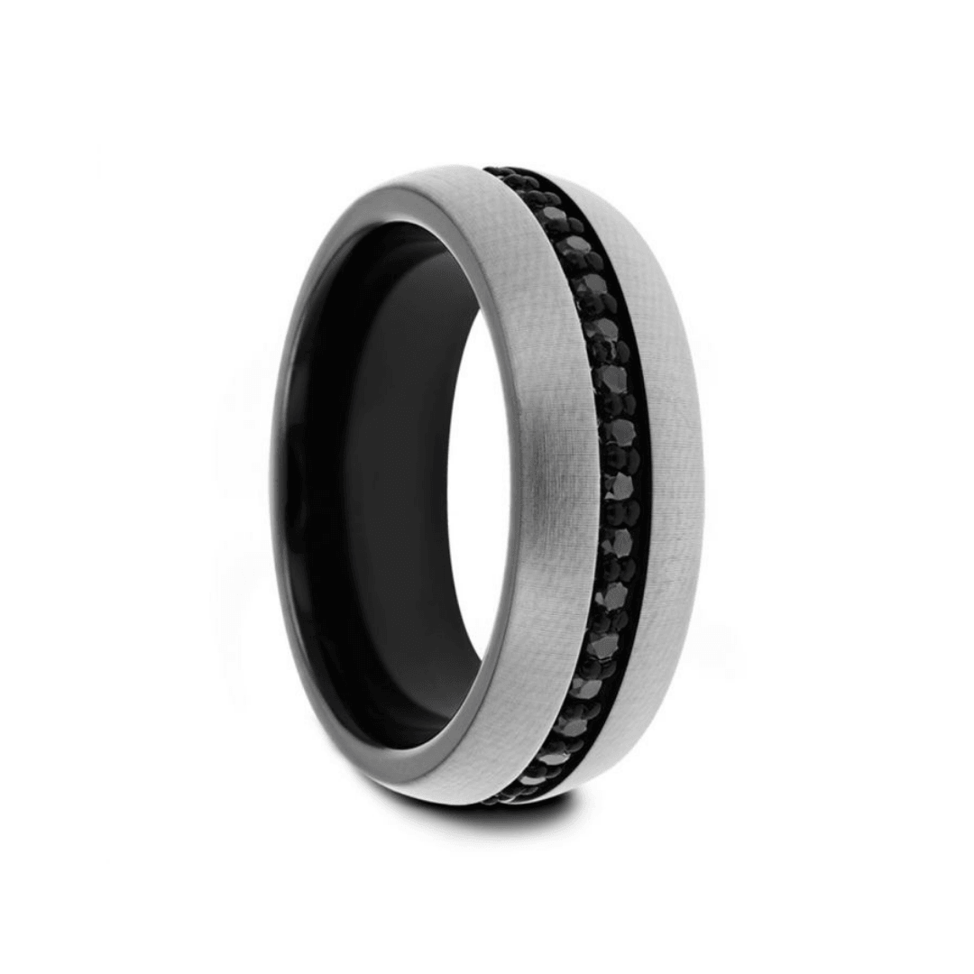 PILOT - Gunmetal Tungsten Ring with Black Sapphires - 8mm - The Rutile Ltd