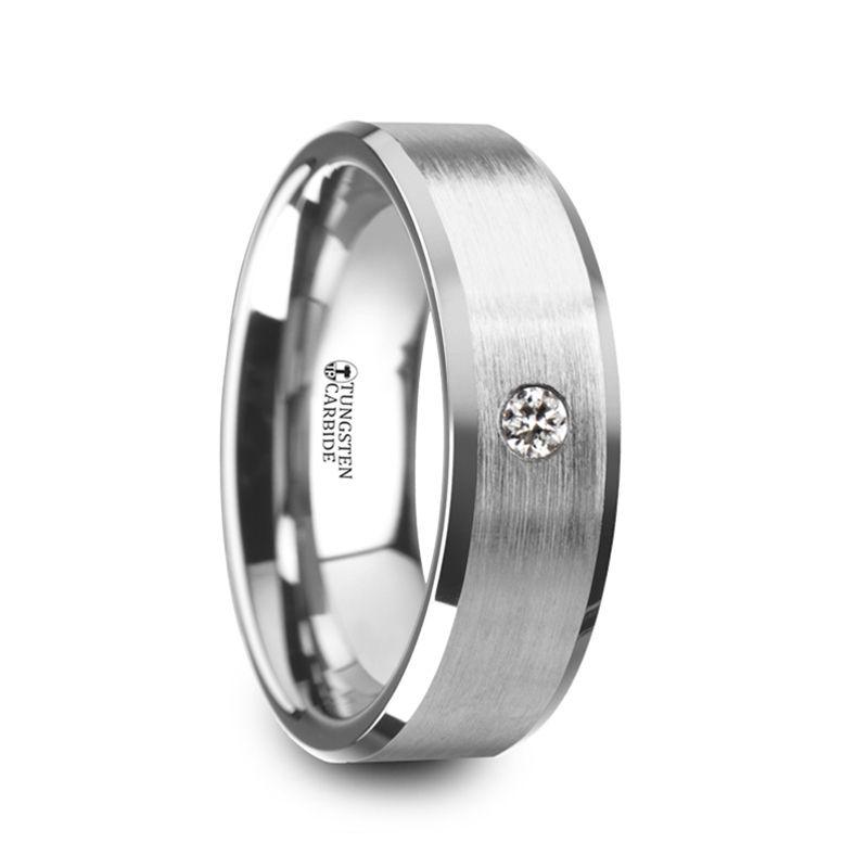 PORTER - Brushed Finish Tungsten Carbide Wedding Ring with White Diamond Setting and Beveled Edges- 6 mm & 8 mm - The Rutile Ltd