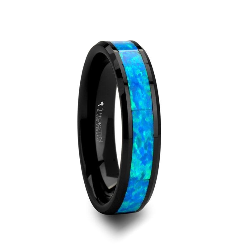 QUANTUM - Black Ceramic Ring with Blue Green Opal Inlay - 4mm to 10mm - The Rutile Ltd