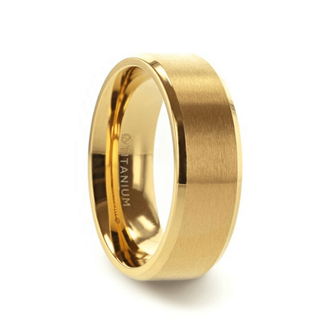 RADIATE - Gold-Plated Titanium Flat Brushed Center Men's Wedding Ring With Beveled Polished Edges - 8mm - The Rutile Ltd