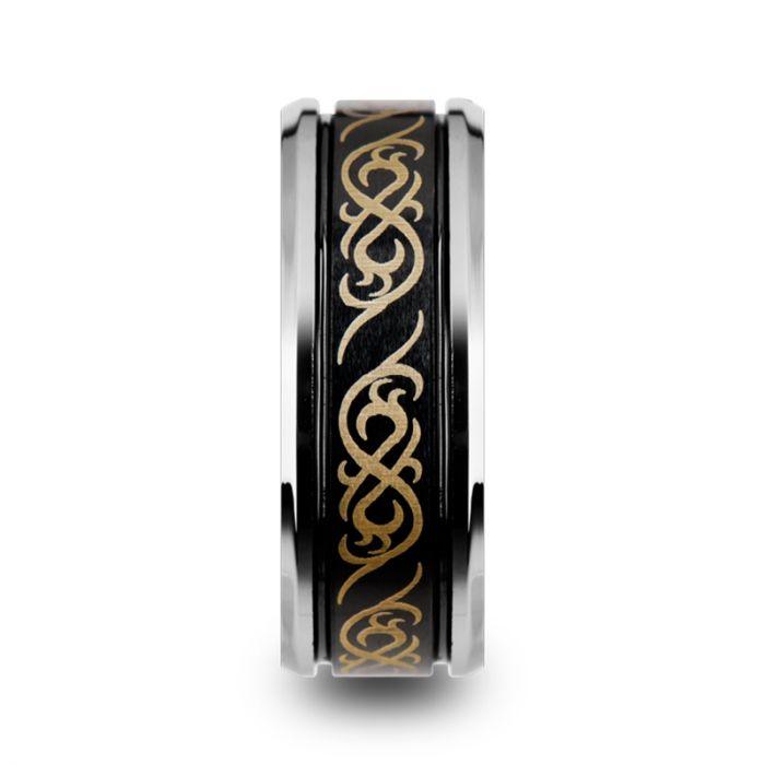 RAIZEN - Black Tungsten Carbide Wedding Ring with Dual Offset Grooves and Laser Engraved Celtic Pattern Polished and Beveled Edges - 8mm - The Rutile Ltd