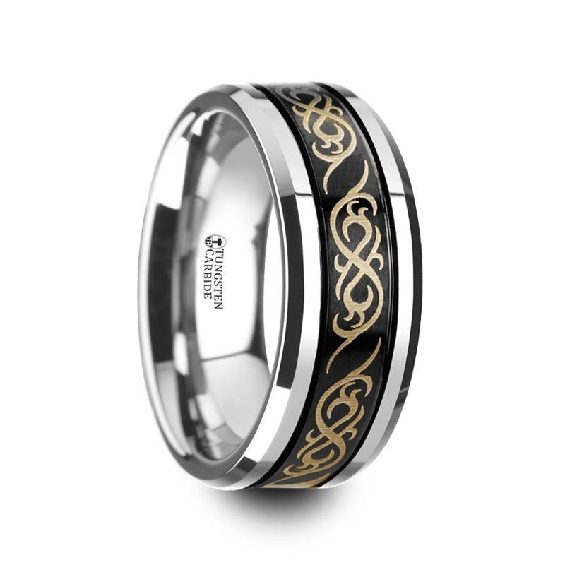 RAIZEN - Black Tungsten Carbide Wedding Ring with Dual Offset Grooves and Laser Engraved Celtic Pattern Polished and Beveled Edges - 8mm - The Rutile Ltd