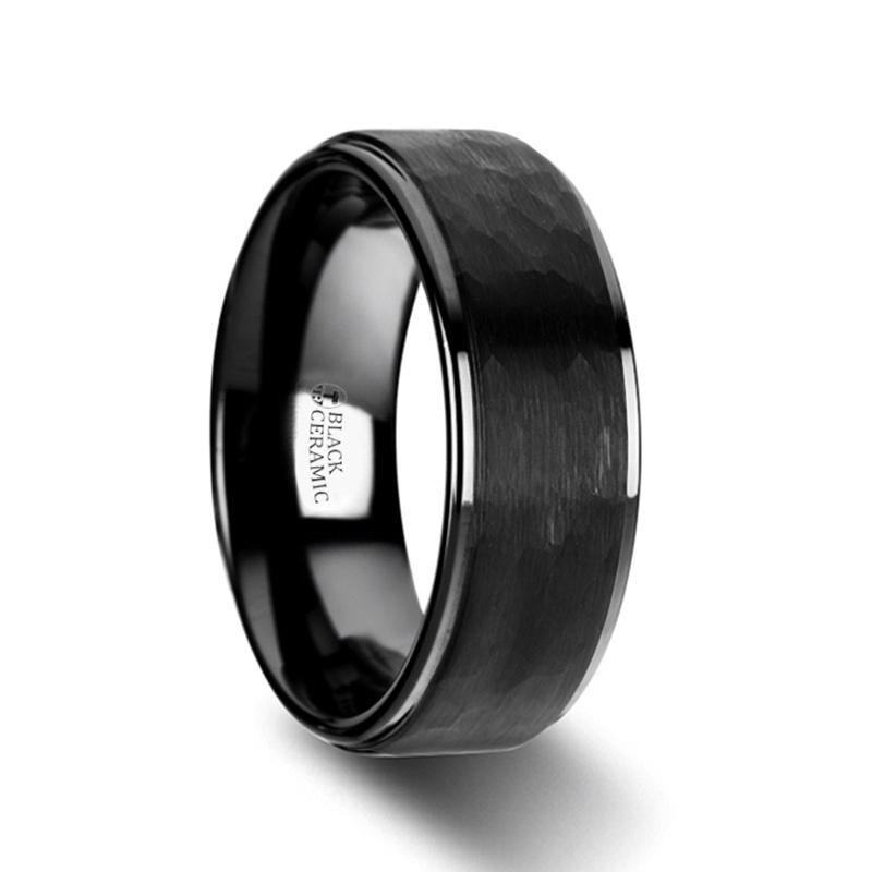 REBEL - Raised Hammer Finish Step Edge Black Tungsten Carbide Wedding Band with Brushed Finish - 6mm or 8mm - The Rutile Ltd