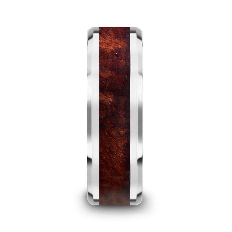 AUBURN - Red Wood Inlaid Tungsten Carbide Ring with Bevels - 8mm - The Rutile Ltd