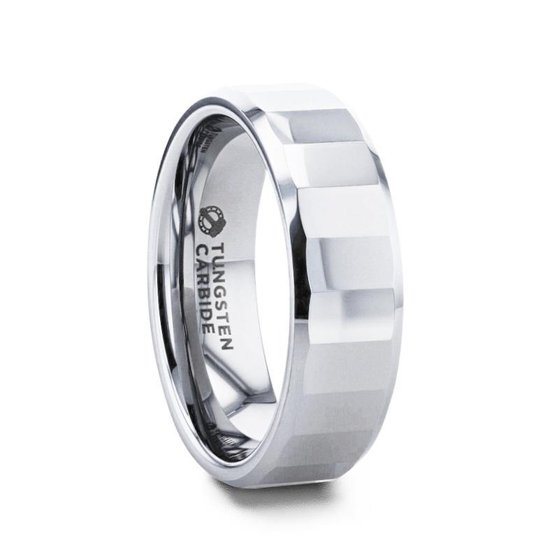 REFLECTOR - Faceted Polished Center Tungsten Men's Wedding Band With Polished Beveled Edges - 8mm - The Rutile Ltd