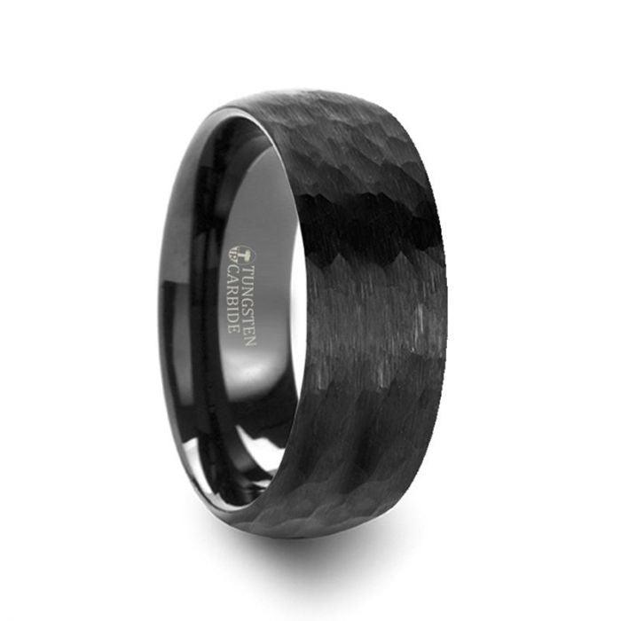RENEGADE - Domed Hammer Finish Black Tungsten Carbide Wedding Band with Brushed Finish - 6mm or 8mm - The Rutile Ltd