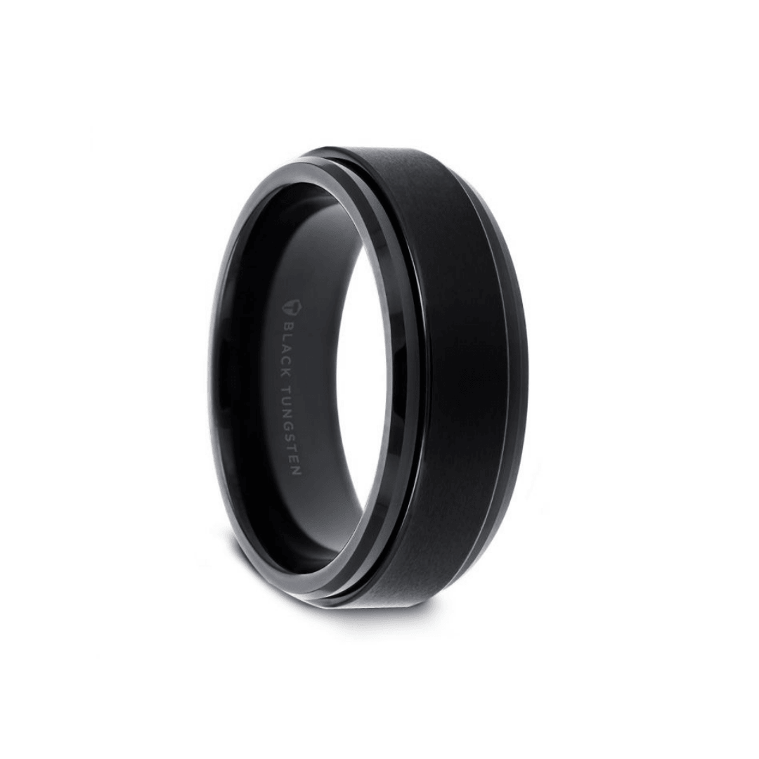 REVOLVE - Black Tungsten Brushed Finish Spinner Ring Polished Base Spinning Wedding Band - 8mm - The Rutile Ltd