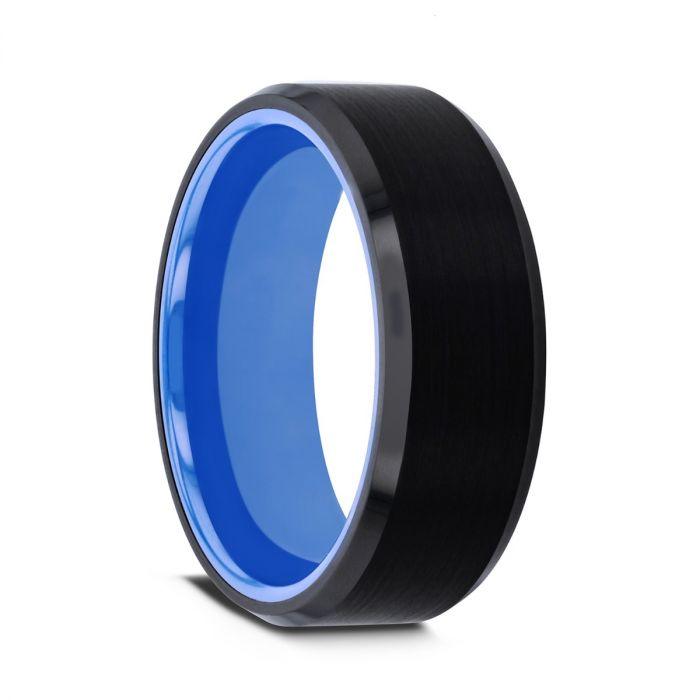 RIGEL - Flat Beveled Edges Black Tungsten Ring with Brushed Center and Vibrant Blue Inside - 8mm - The Rutile Ltd