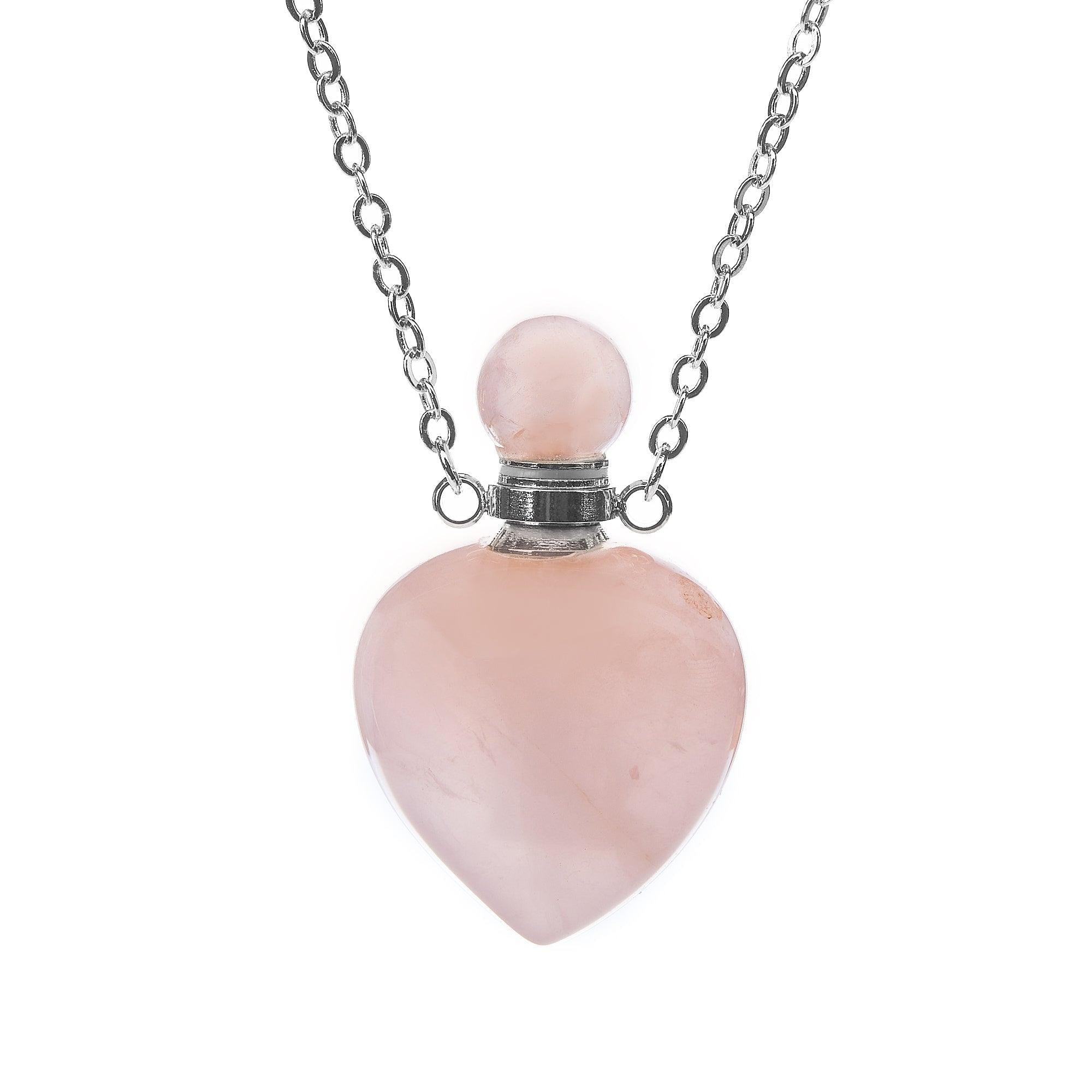 Rose Quartz Heart Crystal Aromatherapy Bottle Necklace in Sterling Silver - The Rutile Ltd