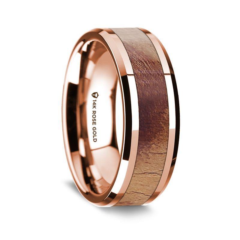 Heracles - 14K Rose Gold Polished Beveled Edges Men's Wedding Band with Olive Wood Inlay - 8 mm - The Rutile Ltd