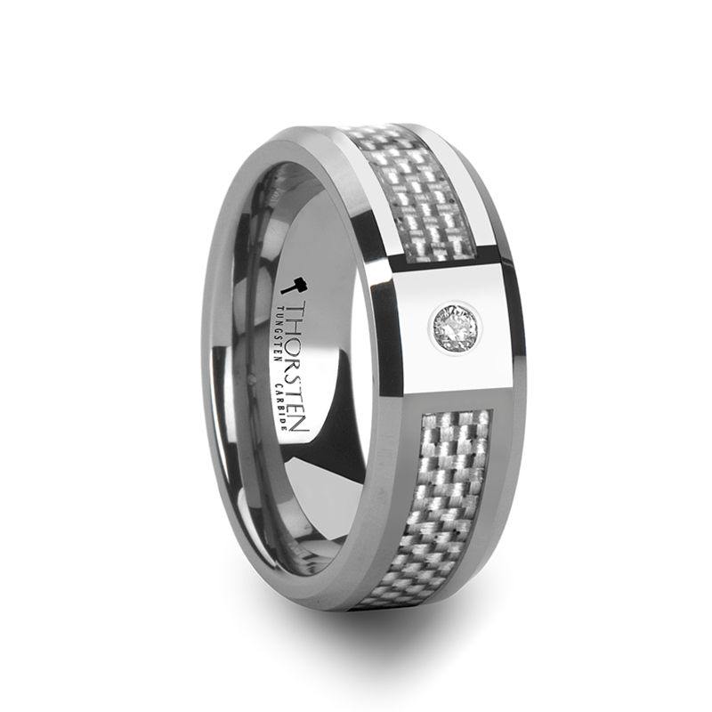 ROYCE - Tungsten Wedding Band with White Carbon Fiber Inlay and White Diamond Setting - 8mm - The Rutile Ltd