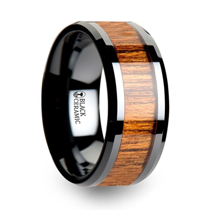 SAGON - Black Ceramic Ring with Polished Bevels and Teak Wood Inlay - 6mm - 10mm - The Rutile Ltd