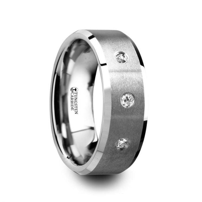 SAMUEL - Satin Finish Tungsten Carbide Wedding Ring with 3 White Diamond Settings and Beveled Edges- 8mm - The Rutile Ltd