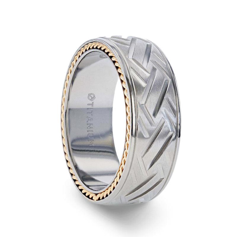 SATURN - Woven Pattern Domed Titanium Men's Wedding Ring With Yellow Gold Braided Edges - 8mm - The Rutile Ltd