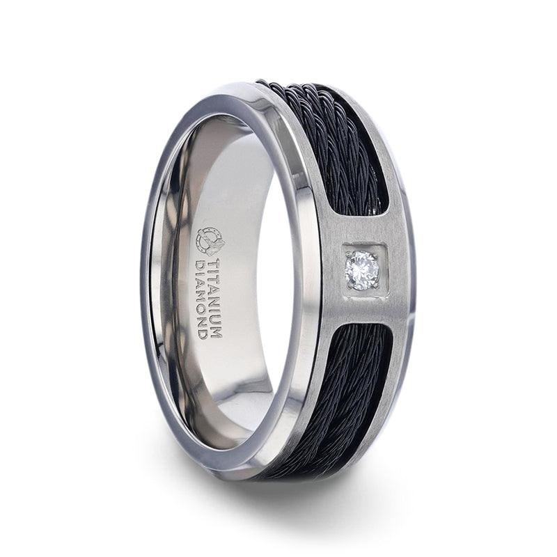 SECTOR - Black Rope Cables Inlaid Brushed Finish Titanium Men's Wedding Ring with Diamond Centered And Beveled Polished Edges - 8mm - The Rutile Ltd