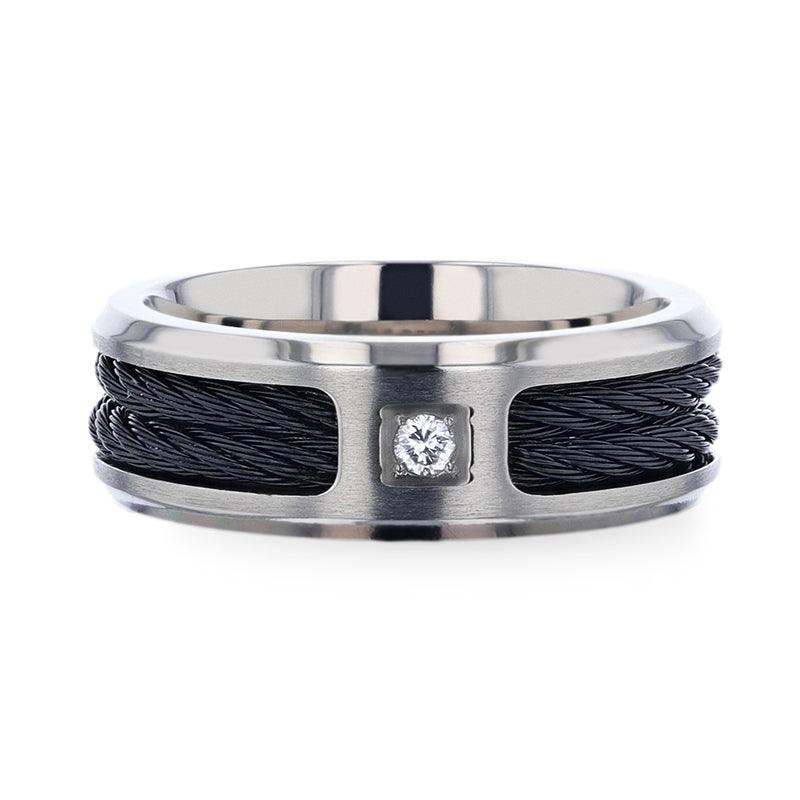 SECTOR - Black Rope Cables Inlaid Brushed Finish Titanium Men's Wedding Ring with Diamond Centered And Beveled Polished Edges - 8mm - The Rutile Ltd