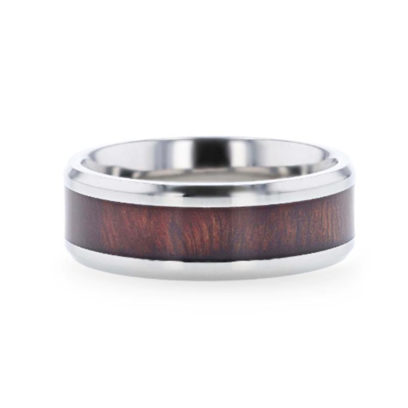 SEQUOIA - Red Wood Inlaid Titanium Flat Polished Finish Men's Wedding Ring With Beveled Edges - 8mm - The Rutile Ltd