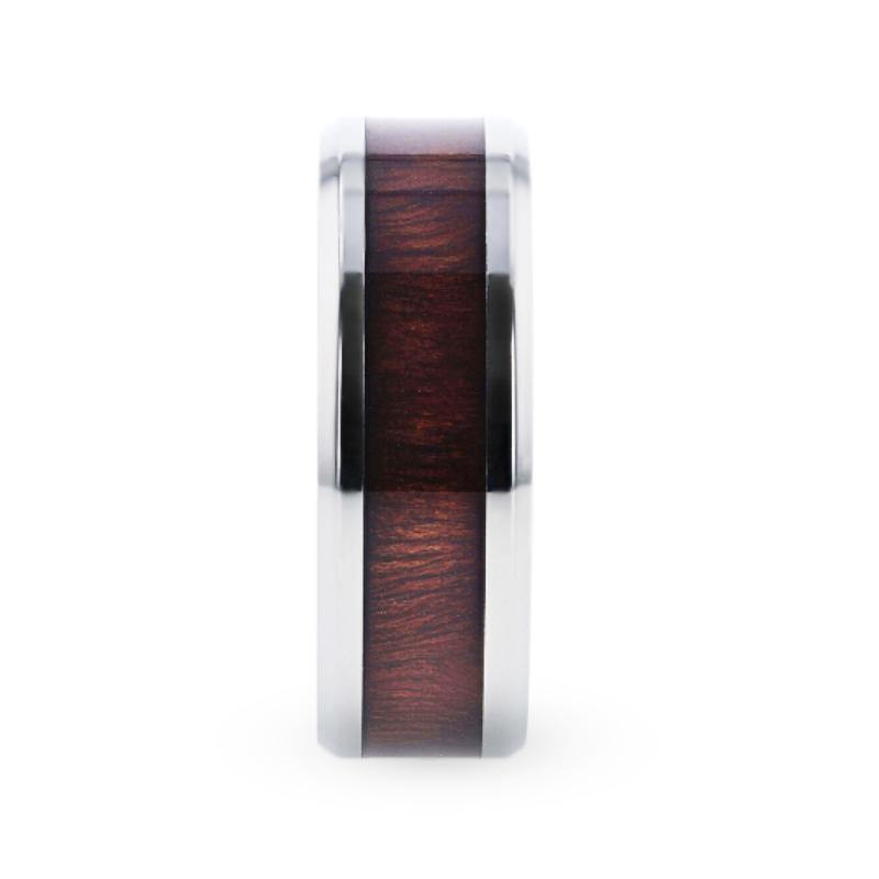 SEQUOIA - Red Wood Inlaid Titanium Flat Polished Finish Men's Wedding Ring With Beveled Edges - 8mm - The Rutile Ltd