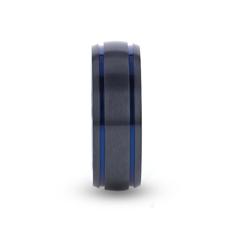 SHERIFF - Domed Black Titanium Brushed Finish Men’s Wedding Ring with Blue Grooves – 8mm - The Rutile Ltd