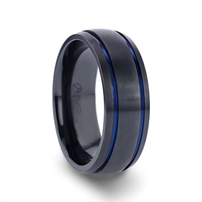SHERIFF - Domed Black Titanium Brushed Finish Men’s Wedding Ring with Blue Grooves – 8mm - The Rutile Ltd