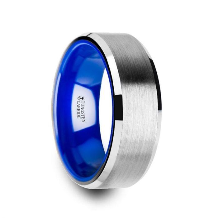 SIRIUS - Flat Beveled-Edged Tungsten Ring with Brushed Center and Vibrant Blue Ceramic Inside - 8mm - The Rutile Ltd