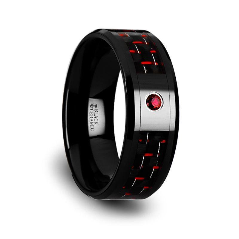 SORRELL - Black Ceramic Ring with Black and Red Carbon Fiber and Red Ruby Setting - 8mm - The Rutile Ltd